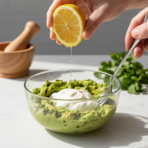 A small glass bowl with creamy mashed avocado being mixed with Greek yogurt and a squeeze of lemon juice.png
