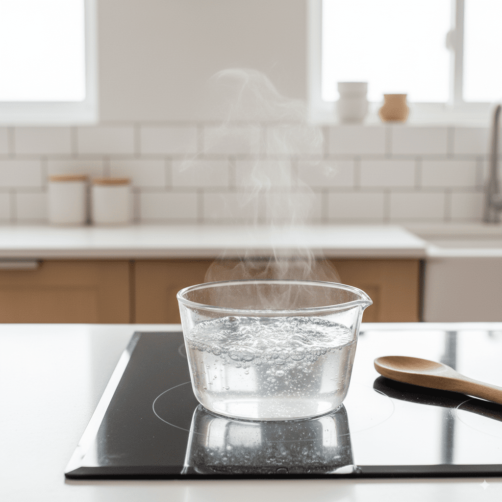 A small glass saucepan on a stove with a clear simple syrup bubbling inside, the secret to fixing a dry cake.