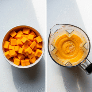 A-split-image-showing-raw-butternut-squash-cubes-on-the-left-and-the-same-squash-blended-into-a-creamy-orange-puree-on-the-right.
