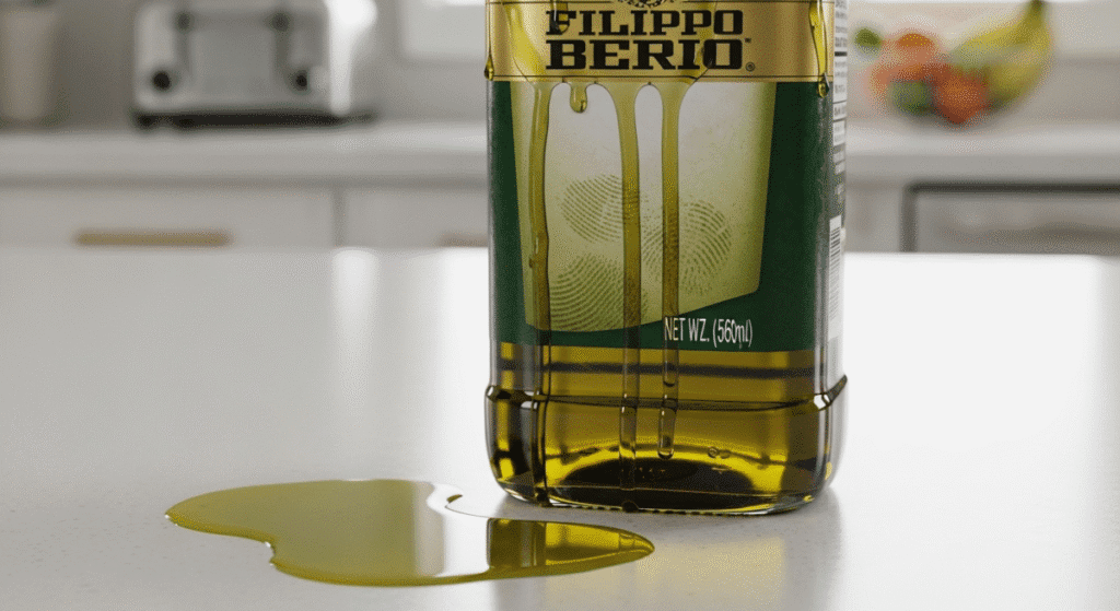 A standard, store-bought olive oil bottle with greasy drips running down the side, creating a puddle on the counter.