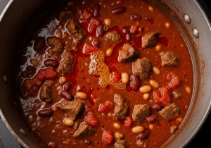 A wooden spoon stirring a vibrant blend of chili powder and other spices into browned ground beef in a pot.