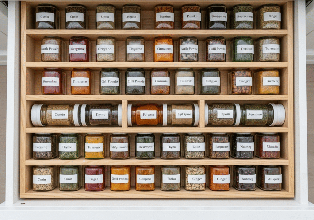 A well-organized spice drawer with uniform, airtight glass jars, demonstrating the proper way of storing herbs and spices.