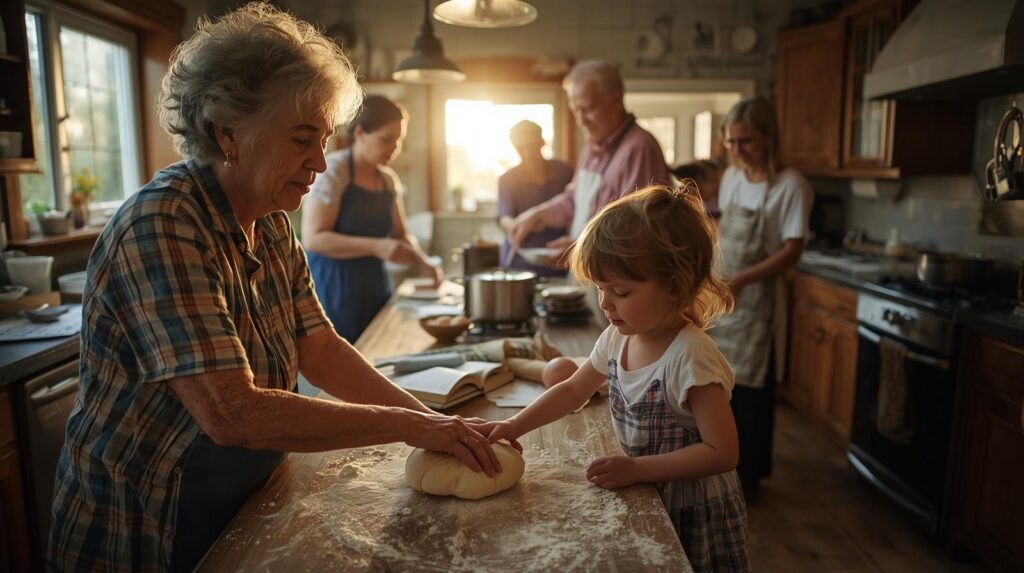 Multi-generational family cooking together in a kitchen, with grandmother teaching a child to knead dough while other family members prepare meal components nearby,