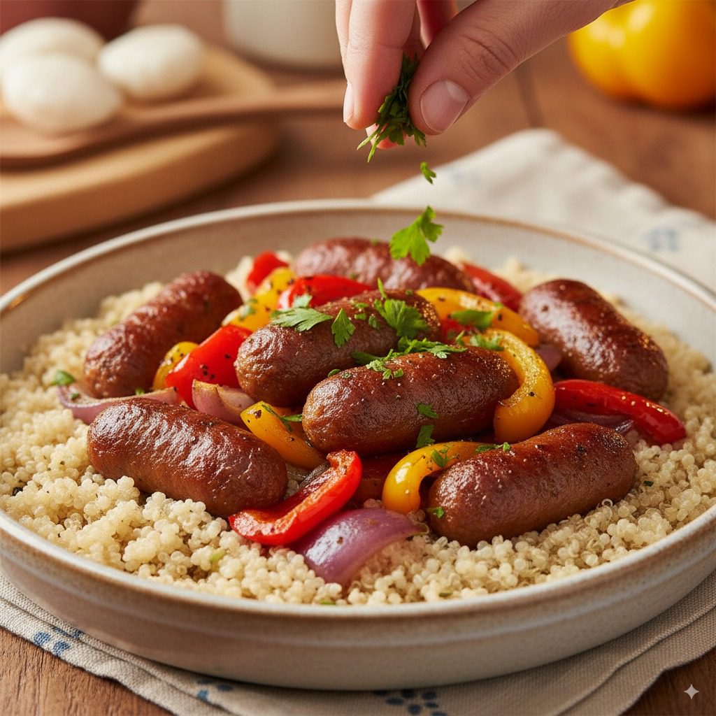 A warm ceramic bowl filled with cooked sausage and peppers served over a bed of quinoa, garnished with fresh parsley.