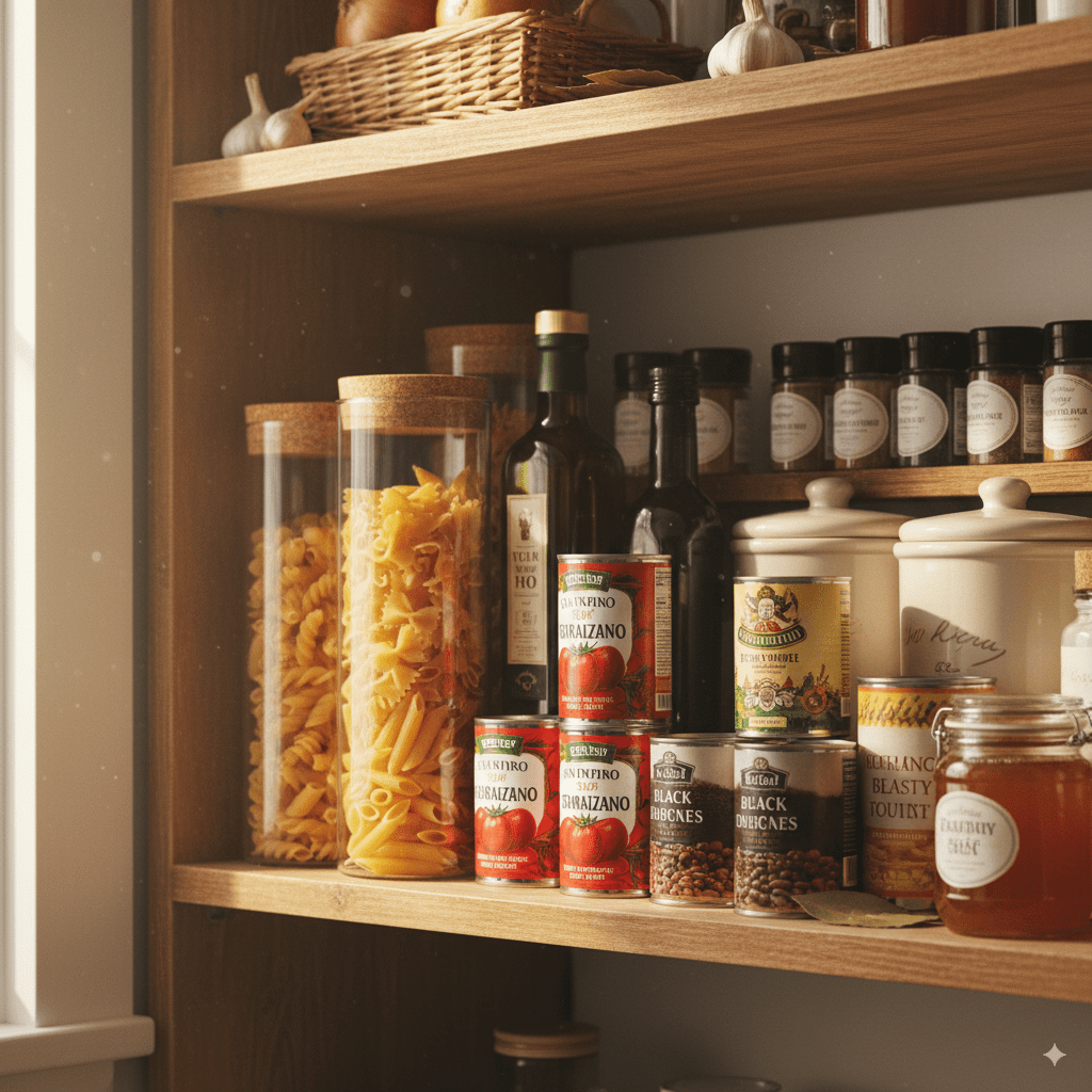 A well-organized kitchen pantry shelf filled with jars of pasta canned goods and spices ready for a last-minute meal.