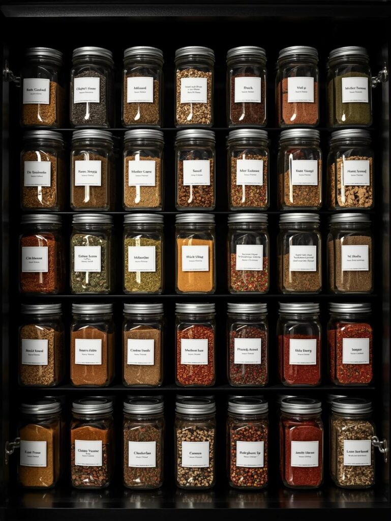 A well-organized spice drawer with uniform, airtight glass jars, demonstrating the proper way of storing herbs and spices.