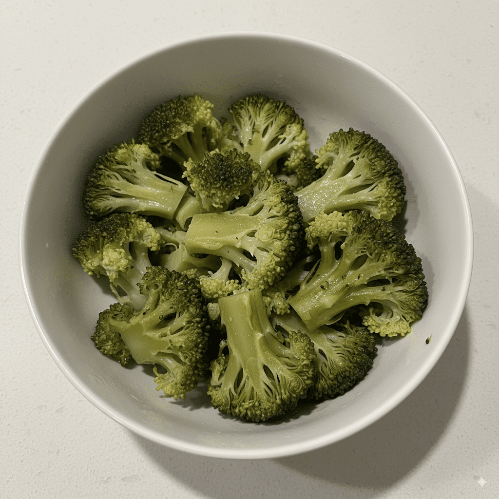A white bowl filled with mushy, overcooked broccoli that has lost its bright green color.