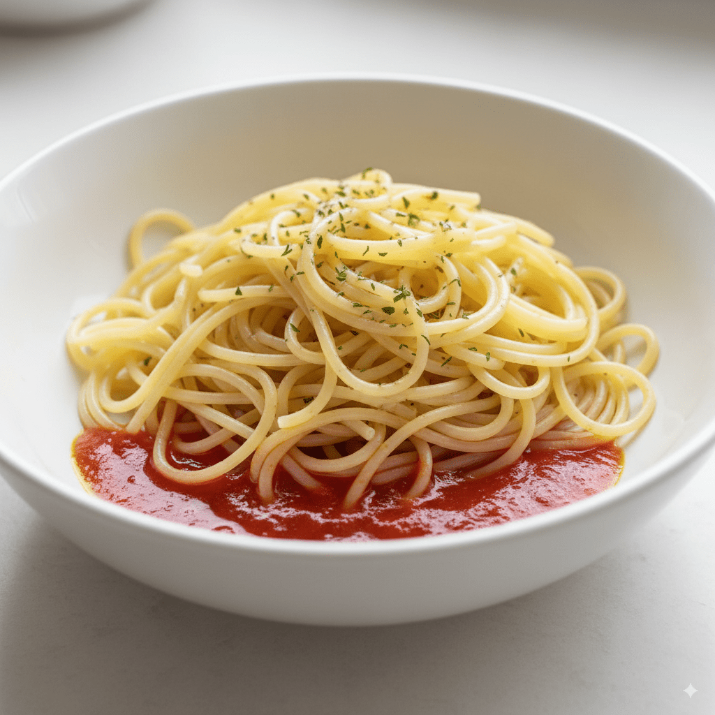 A white bowl of spaghetti with a visible pool of thin, watery tomato sauce gathered at the bottom.