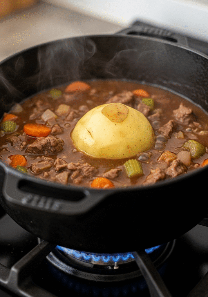 A whole, peeled raw potato sitting in a pot of simmering stew, a technique used to absorb burnt flavors.