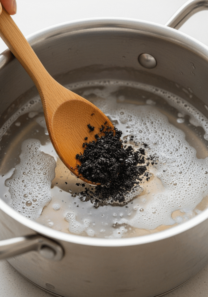 A wooden spoon easily scraping the loosened burnt bits from the bottom of a saucepan that has been simmered with soapy water.
