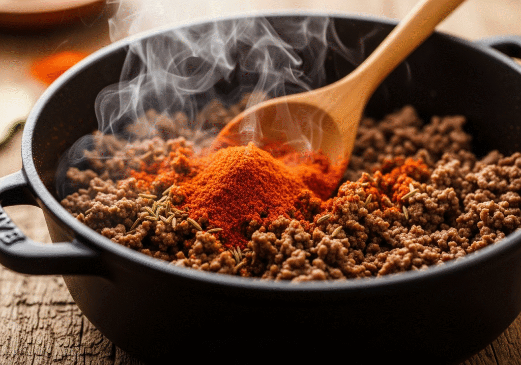 A wooden spoon stirring a vibrant blend of chili powder and other spices into browned ground beef in a pot.
