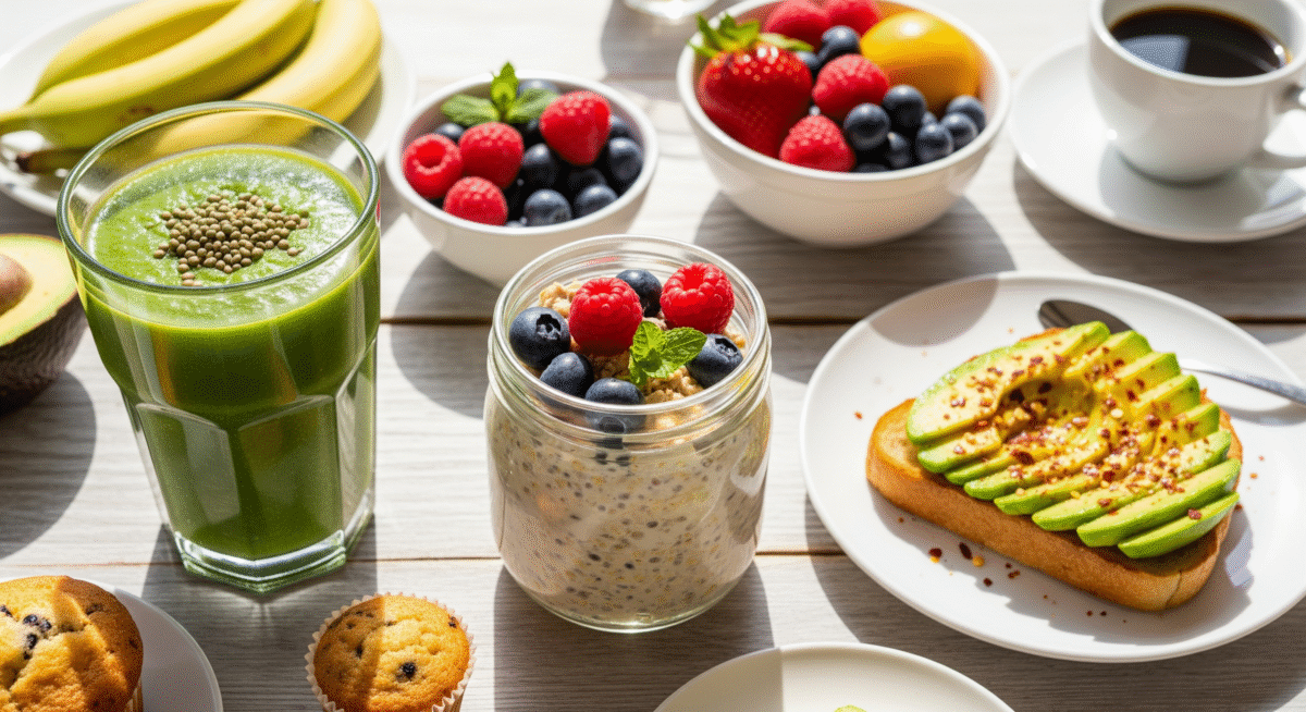 Healthy breakfast spread with overnight oats, green smoothie, avocado toast, and muffin on wooden table.