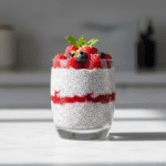 An-elegant-glass-of-creamy-chia-seed-pudding-layered-with-fruit-puree-and-topped-with-fresh-raspberries-and-toasted-coconut.