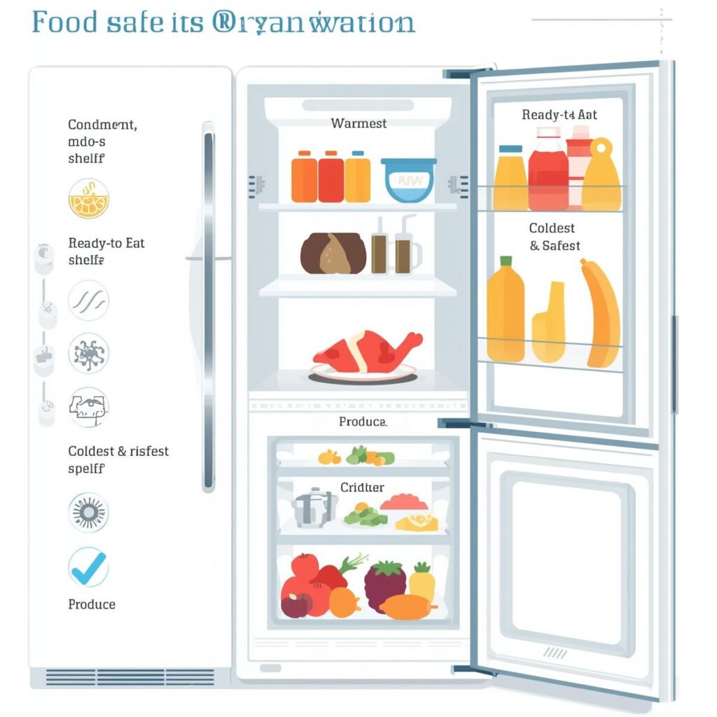An infographic chart showing the proper way to organize a refrigerator for food safety, with raw meat correctly placed on the bottom shelf.