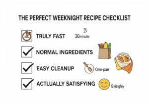 An infographic checklist showing the four rules for all of our easy and healthy main dishes fast, simple ingredients, easy cleanup, and satisfying.