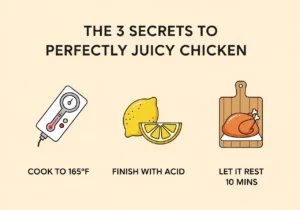 An-infographic-checklist-showing-the-three-secrets-to-juicy-chicken-use-a-thermometer-finish-with-acid-and-let-the-meat-rest.