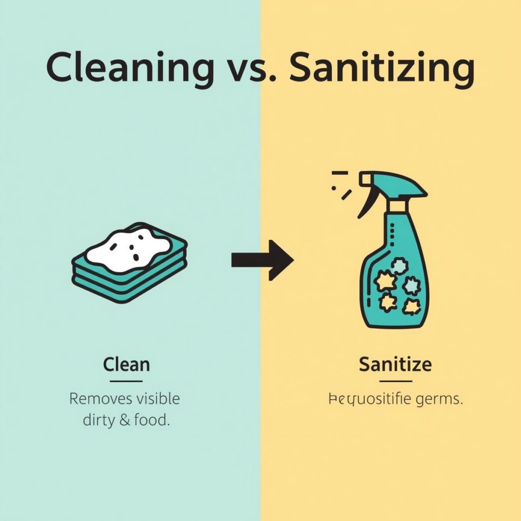 An infographic explaining the difference between cleaning (removing dirt) and sanitizing (killing germs) for kitchen hygiene.