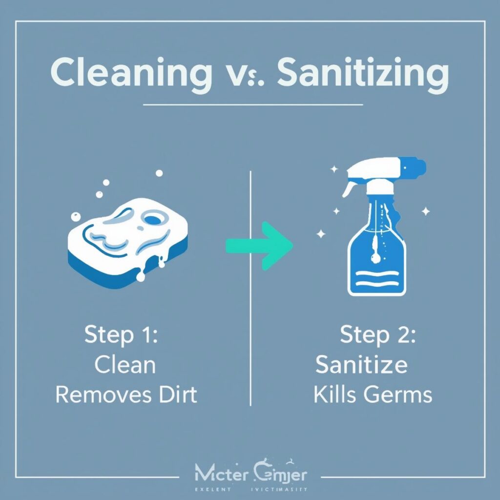 An infographic explaining the difference between cleaning (removing dirt) and sanitizing (killing germs) for proper kitchen hygiene.