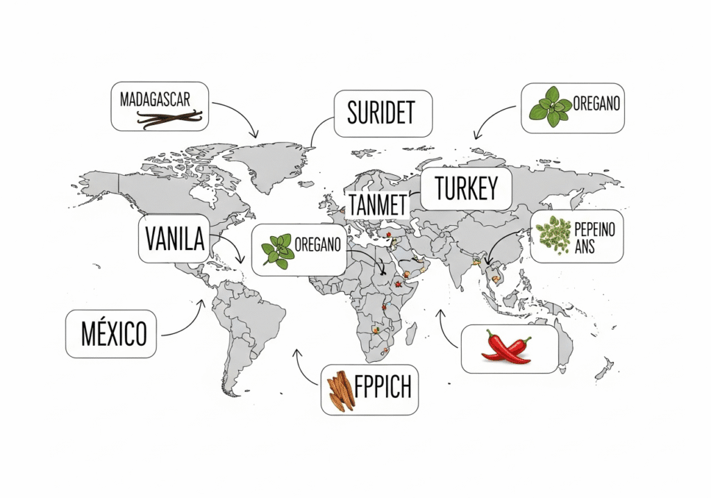 An infographic map of the world showing the different origins of key spices like vanilla from Madagascar and oregano from Turkey.