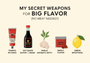 An infographic showcasing five flavor hero ingredients for vegetarian cooking tomato paste, soy sauce, garlic, smoked paprika, and a lemon.