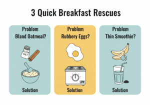 An infographic showing 3 quick rescue tips for common breakfast problems how to fix bland oatmeal, rubbery eggs, and a thin smoothie.