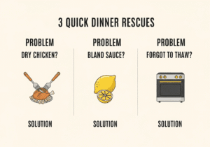 An infographic showing 3 rescue tips for common dinner problems how to fix dry chicken, bland sauce, and meat that you forgot to thaw.