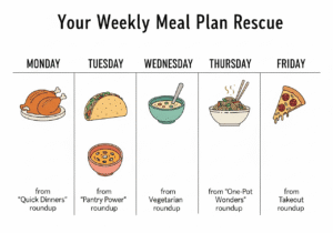 An infographic showing a weekly meal plan calendar, with different meals each day taken from the blog's various recipe roundup posts.