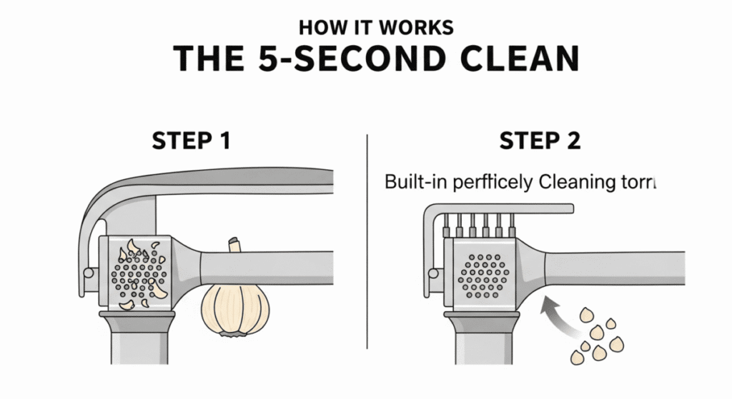An infographic showing how a garlic press easy to clean works, with a built-in cleaning tool that pushes out stuck garlic.