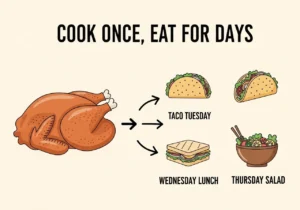An-infographic-showing-how-one-roast-chicken-can-be-used-for-multiple-meals-throughout-the-week-like-tacos-sandwiches-and-salads.