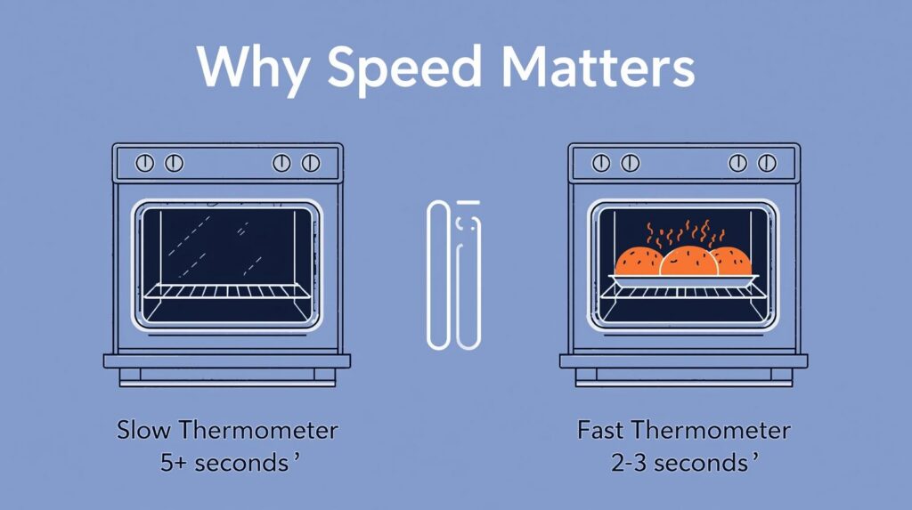 An infographic showing how the best instant-read thermometer saves time and prevents heat loss from an open oven.