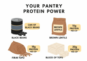 An-infographic-showing-three-great-pantry-protein-sources-for-vegetarian-meals-a-can-of-black-beans-a-bag-of-lentils-and-a-block-of-tofu.