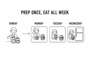 An-infographic-timeline-showing-how-prepping-breakfast-on-Sunday-leads-to-easy-grab-and-go-meals-on-Monday-Tuesday-and-Wednesday.