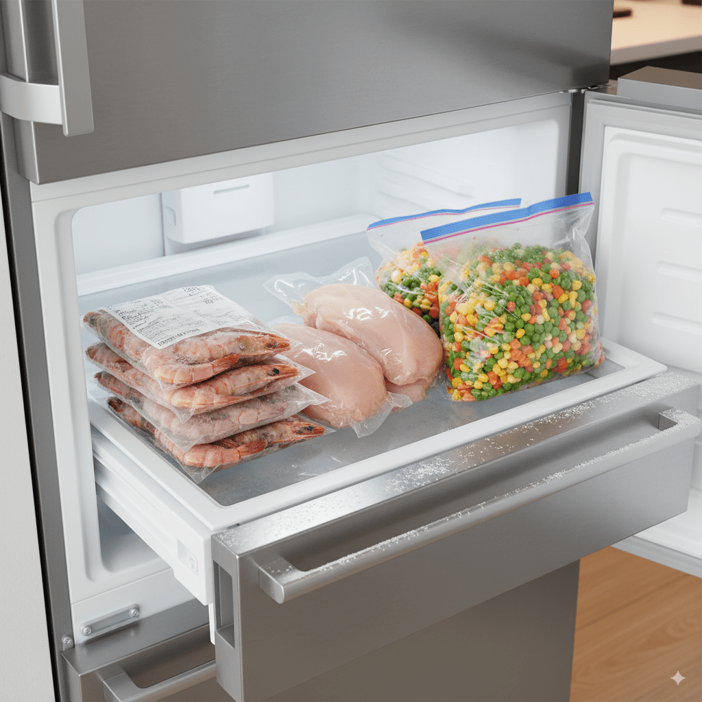 An open and organized freezer drawer showing packages of frozen shrimp chicken and vegetables ready for a quick dinner.