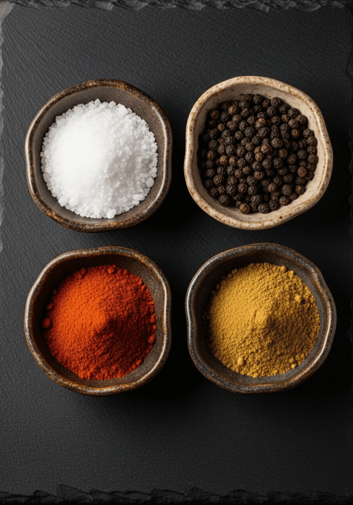 An overhead view of four small bowls containing essential spices flaky sea salt, black peppercorns, chili powder, and cumin.