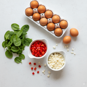 An overhead view of the fresh ingredients for breakfast egg muffins eggs, spinach, bell pepper, and feta cheese.