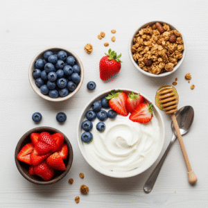A beautiful white bowl of Greek yogurt, artfully topped with fresh strawberries, blueberries, and crunchy granola from a top-down view.