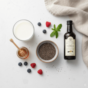 An-overhead-view-of-the-simple-ingredients-for-chia-seed-pudding-a-bowl-of-chia-seeds-a-glass-of-milk-and-maple-syrup.