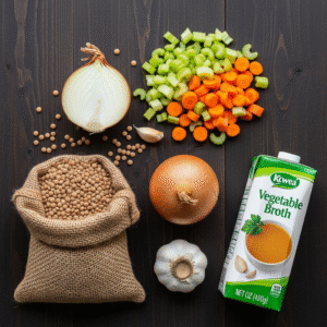 An-overhead-view-of-the-simple-pantry-ingredients-for-lentil-soup-lentils-carrots-celery-onion-and-garlic.