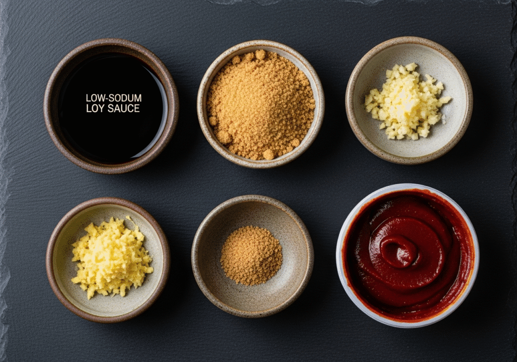 An overhead view of the simple sauce ingredients for an easy Korean beef bowl recipe, including soy sauce, garlic, ginger, and gochujang.