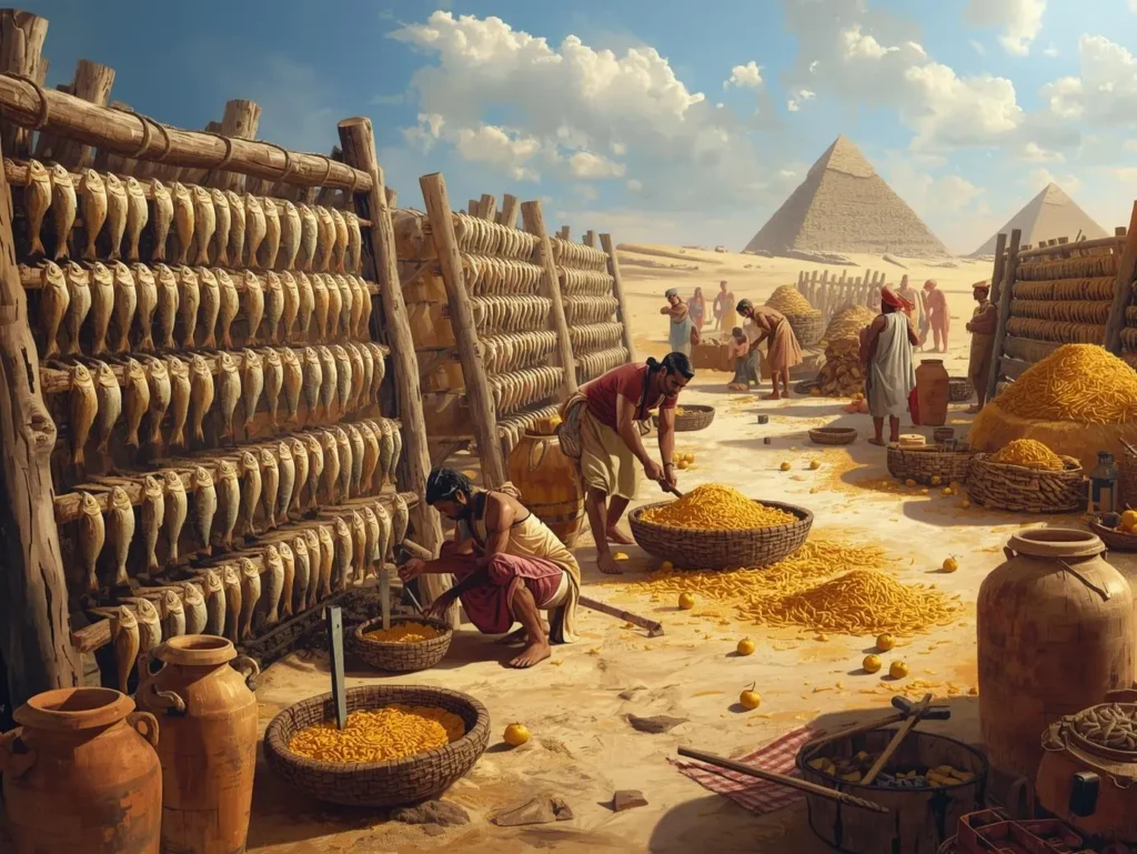  Ancient Egyptian workers preserving food through drying, salt curing, and honey storage methods.