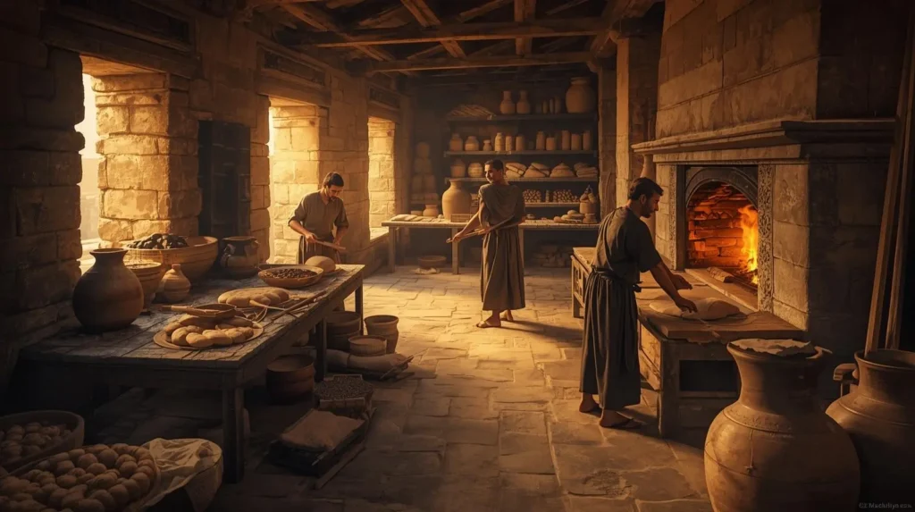  Ancient Mesopotamian bakers making bread in clay ovens with traditional stone tools 