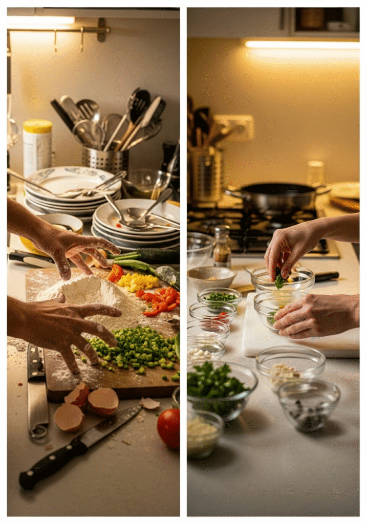 Before and after comparison of disorganized versus organized cooking preparation.