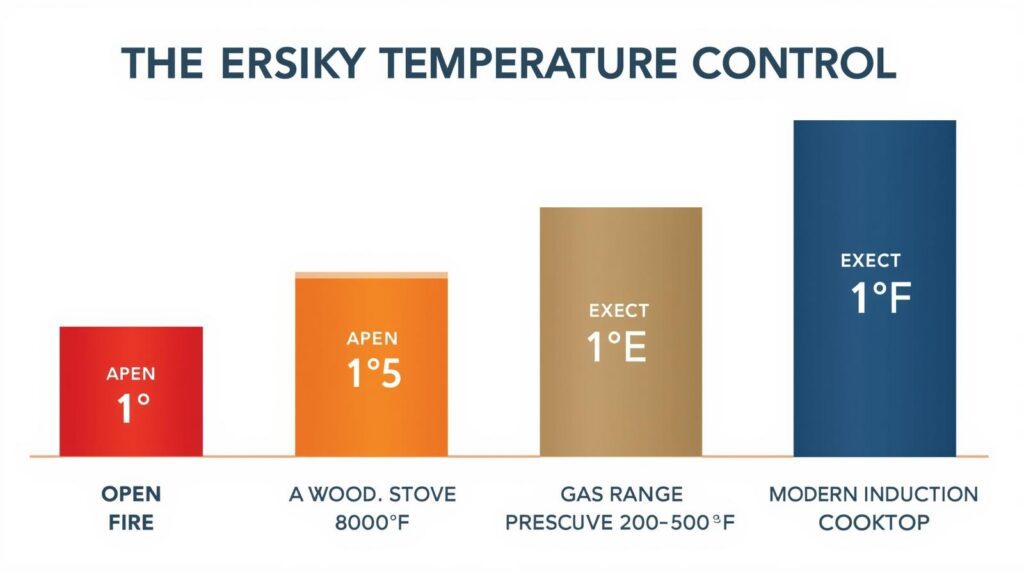 Bar chart comparing cooking temperature control from open fire to modern precision equipment .