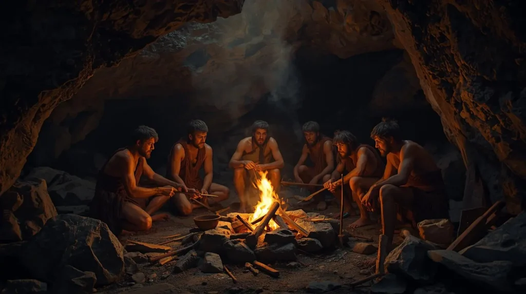 Early humans discovering cooking with fire using primitive stone tools in cave setting .