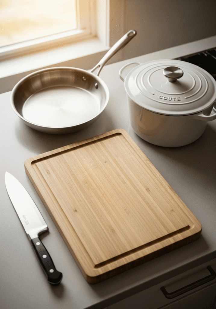 Essential cooking tools - chef's knife, cutting board, skillet, and Dutch oven arranged on clean kitchen counter,