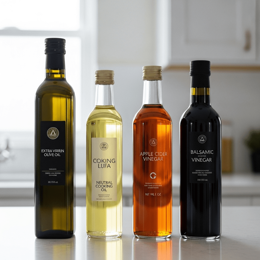 Four glass bottles lined up on a kitchen counter, containing olive oil, cooking oil, apple cider vinegar, and balsamic vinegar.