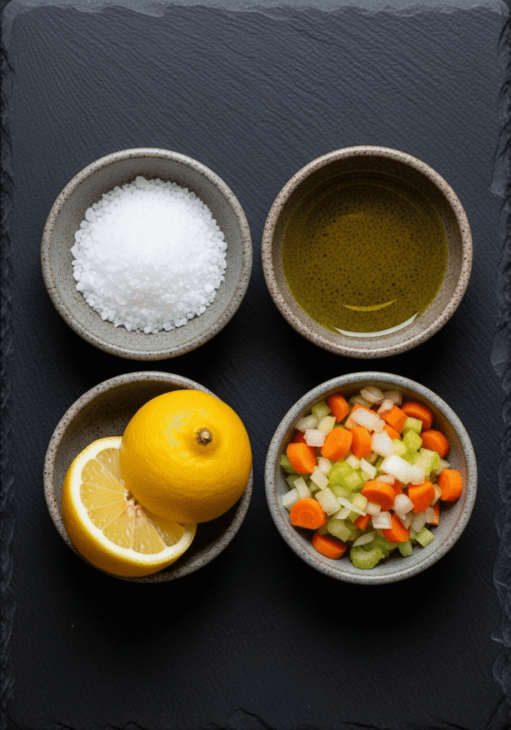 Four small bowls containing the key elements of flavor salt, olive oil, a lemon for acid and a chopped mirepoix.