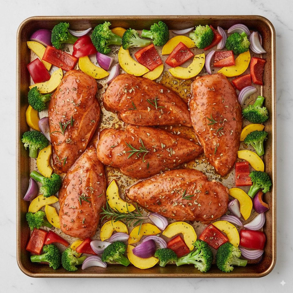 An overhead view of a baking sheet with raw, marinated chicken breasts and colorful chopped vegetables, ready to be roasted.