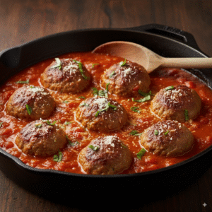 A cast-iron skillet filled with juicy turkey meatballs simmering in a rich tomato sauce, garnished with fresh basil.