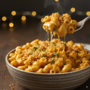 A rustic bowl of creamy, baked healthier mac and cheese with a fork lifting a cheesy bite.
